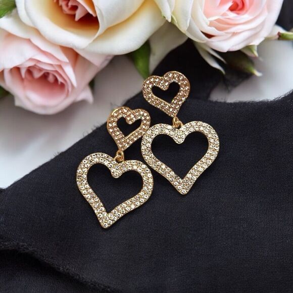 Clear Rhinestone Double Heart Gold Tone Dangle Earrings - Picture 2 of 2